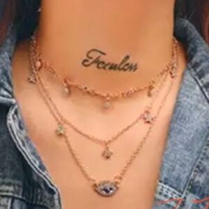 Celestial 3-Tiered Evil Eye Star Boho Necklace Gold Tone Chain 16 Inch